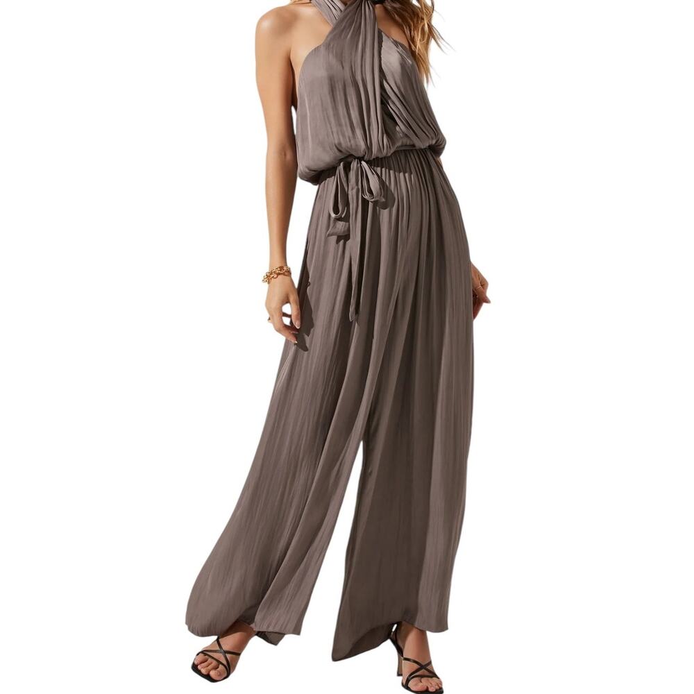 ASTR the Label Cheryl Backless Halter Wide Leg Mushroom Beige Jumpsuit Sz Small